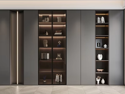 Elegant Modern Built in Bookcase With Layered Shelves And Decorative Ornaments 3d model