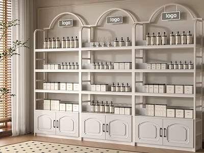 Modern White Multi Tiered Display Shelf With Multiple Logos Bottles And Boxes 3d model