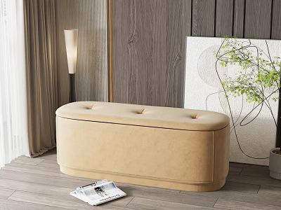 Beige Velvet Sofa Bench In Modern Living Room With Wooden Wall And Magazine 3d model