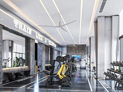 Spacious Fitness Gym Featuring Train Hard Sign Workout Equipment And Training Machines 3d model