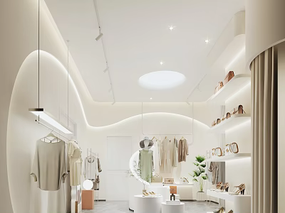 Modern Minimalist Clothing Store Interior With Hanging Clothes Display Shelves And Soft Lighting 3d model