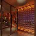 Stylish Restaurant Interior Design With Red Decorative Wall Wooden Staircase And Bar Counter Warm Lighting