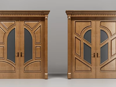 Elegant Wooden Security Doors With Arched Glass Panels And Carved Details 3d model