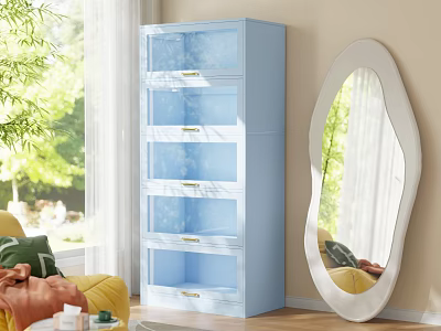 Light Blue Decorative Cabinet With Transparent Drawer Doors And Oval Mirror In Living Room 3d model