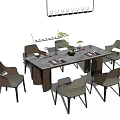 Modern Dining Table Set With Marble Tabletop Six Light Upholstered Chairs And Hanging Pendant Light 3d model