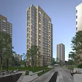 Modern High Rise Residential Buildings with Lush Greenery and Trees in Community Surroundings