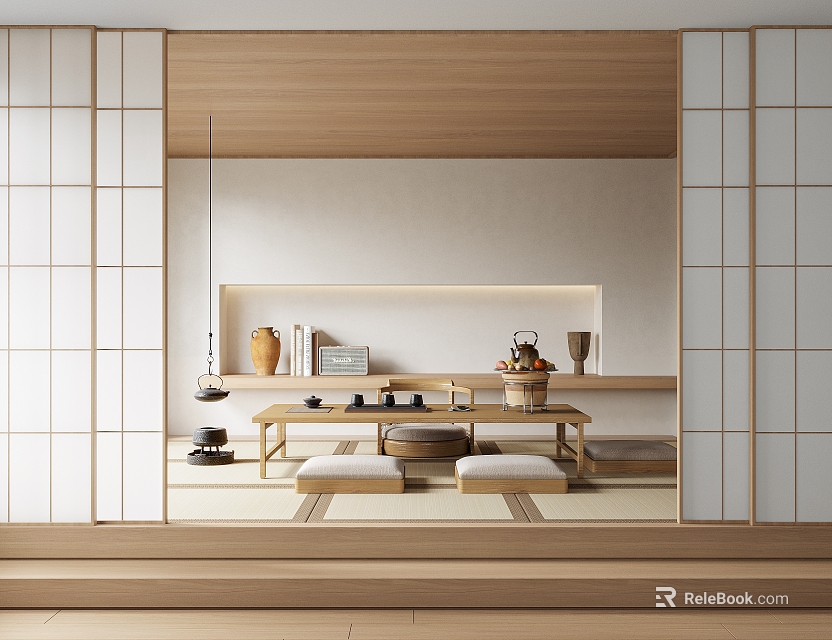 Japanese Style Tea Room Interior With Wooden Shoji Doors And Tatami Seating 3d model 