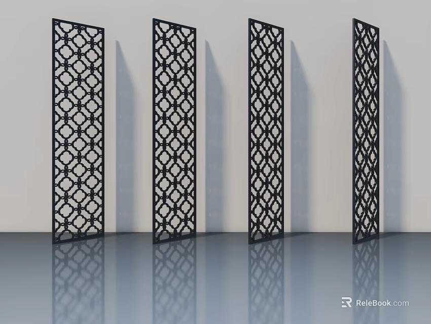Modern Black Swing Doors With Geometric Lattice Pattern And Reflective Surface 3d model