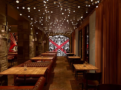 Modern Bar Interior With Wooden Tables Ceiling Lights And Decorative Mural 3d model