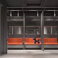 Modern Lounge Interior Design With Gray Partitions Orange Benches And Blue Dog Figure