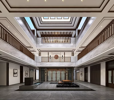 Traditional Chinese Style Multi Level Office Corridor With Atrium And Decorations 3d model