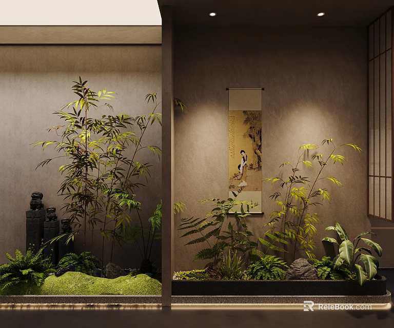Japanese Zen Indoor Landscape With Bamboo Green Plants Hanging Scroll and Stone Lantern 3d model 