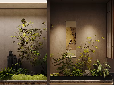 Japanese Zen Indoor Landscape With Bamboo Green Plants Hanging Scroll and Stone Lantern 3d model