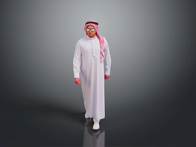 Man In White Thobe And Pink Ghutra Standing With Glasses On Gray Background 3d model