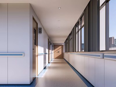 Modern Office Hallway With White Walls Wooden Doors Large Windows And Recessed Lighting 3d model