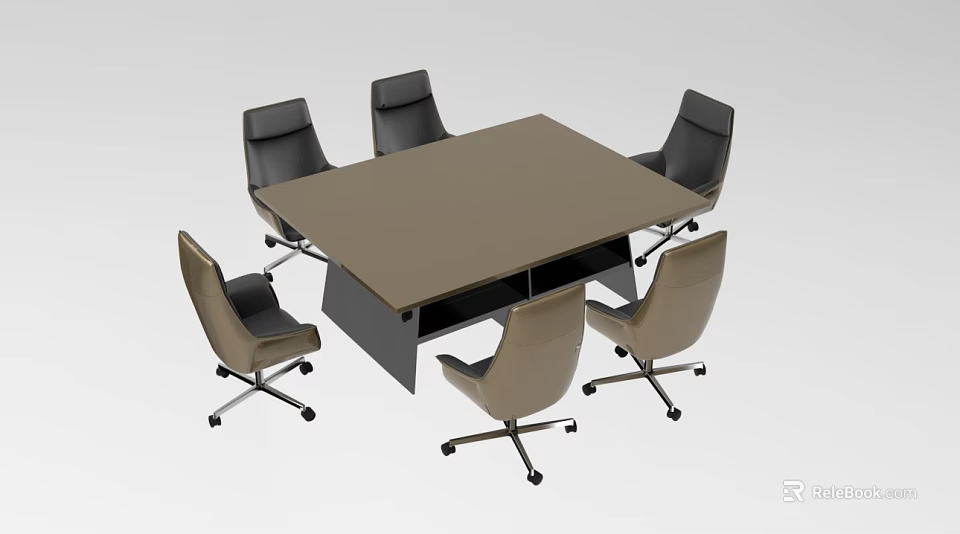 Modern Rectangular Conference Table With Six Rolling Office Chairs And Grey Black Upholstery 3d model