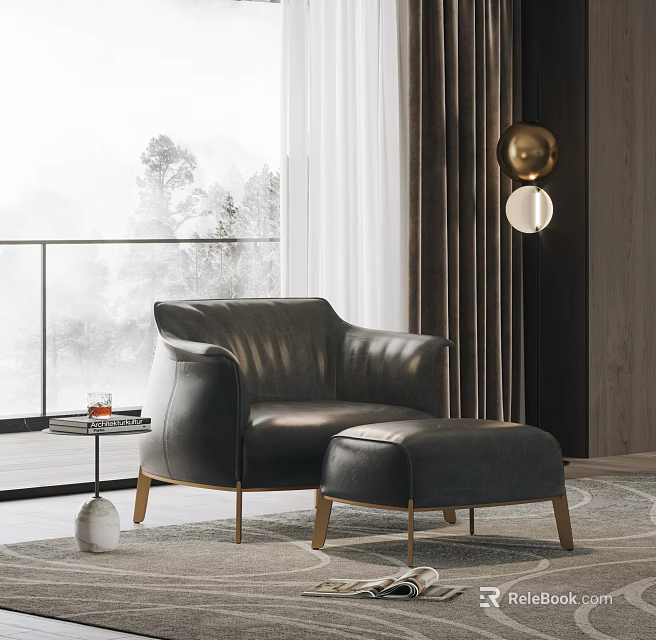 Elegant Gray Leather Leisure Chair With Ottoman By Window Mountain View And Gold Pendant Light 3d model 