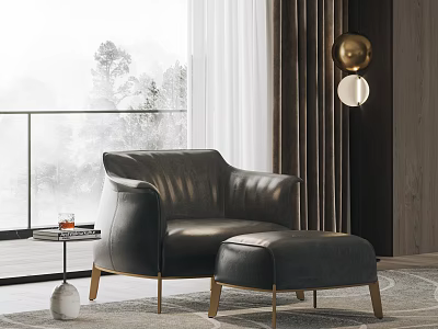 Elegant Gray Leather Leisure Chair With Ottoman By Window Mountain View And Gold Pendant Light 3d model
