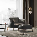 Elegant Gray Leather Leisure Chair With Ottoman By Window Mountain View And Gold Pendant Light