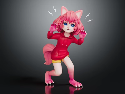 Pink Cat Like Character With Red Hoodie And Yellow Shorts Lightning Bolts And Playful Pose 3d model