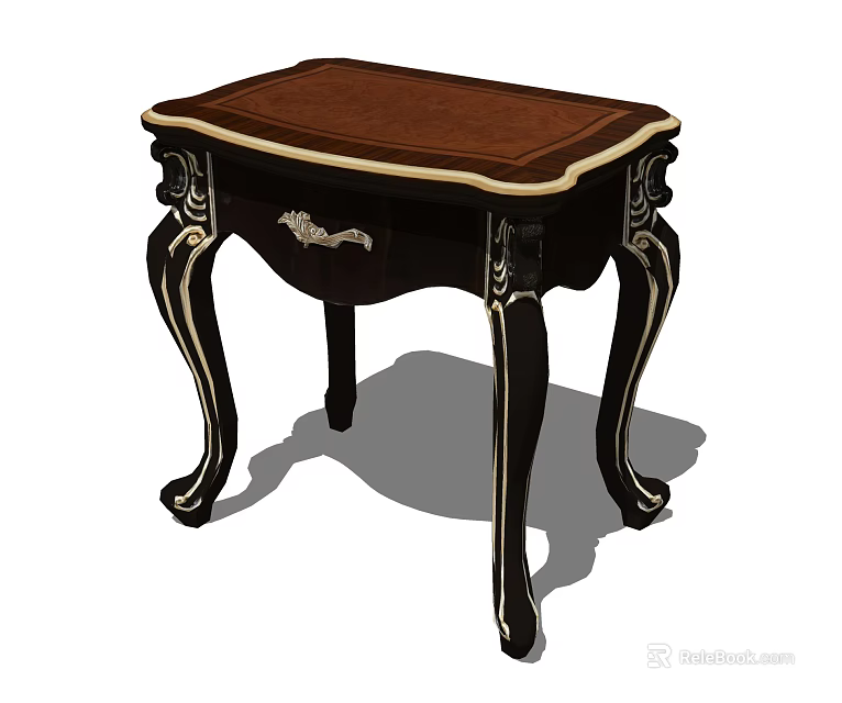 Classic Bedside Table With Dark Wood Frame Brown Top Carved Legs And Drawer 3d model 