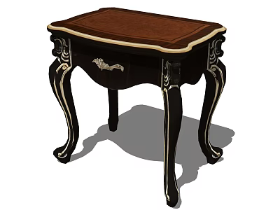 Classic Bedside Table With Dark Wood Frame Brown Top Carved Legs And Drawer 3d model