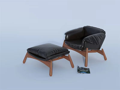 Modern Black Leather Single Sofa With Wooden Legs And Matching Ottoman Floor Magazine 3d model