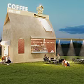 Garden Landscape Design With Coffee Cabin Red Brick Accents Grass Lawn Outdoor Seating And Lighting
