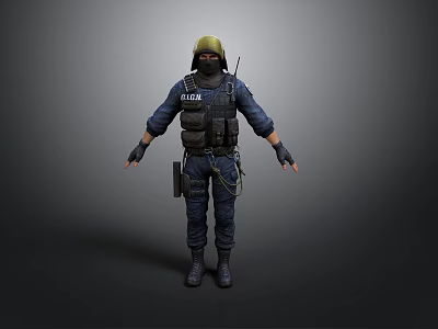 SWAT Character in Blue Uniform With Yellow Helmet and Tactical Vest Standing Pose 3d model