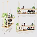 Modern Wine Cabinet With Golden Frame Multi Layer Shelves Wine Bottles And Green Plants