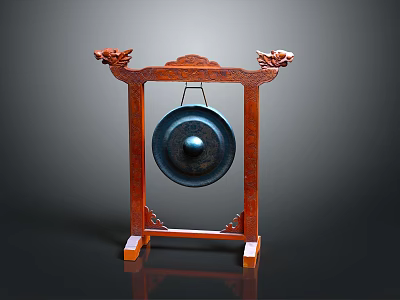 Traditional Decorative Gong With Intricate Dragon Carvings On Wooden Stand 3d model