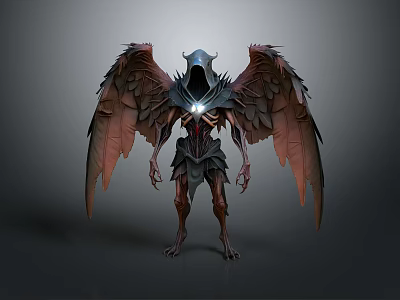 Hooded Winged Fantasy Demon Creature With Glowing Chest And Dark Red Wings 3d model
