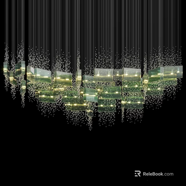 Artistic Modern Chandelier with Slender Hanging Lines Glowing Green Rectangular Panels and Sparkling Elements 3d model