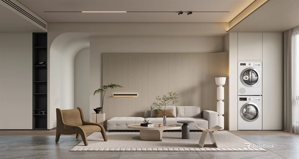 Modern Living Room With Beige Walls Curved Design Light Gray Sofa And Green Plant 3d model 