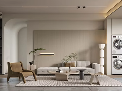 Modern Living Room With Beige Walls Curved Design Light Gray Sofa And Green Plant 3d model