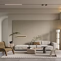 Modern Living Room With Beige Walls Curved Design Light Gray Sofa And Green Plant