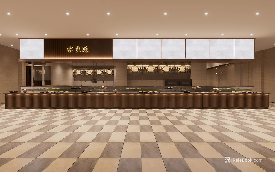 Open Restaurant Interior Design With Wooden Counter Checkerboard Floor And Warm Lighting 3d model 