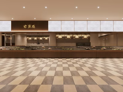 Open Restaurant Interior Design With Wooden Counter Checkerboard Floor And Warm Lighting 3d model