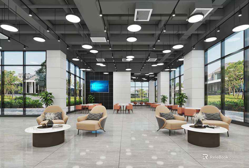 Bright Modern Reception Area With Beige Sofa Chairs Coffee Tables Green Plants And Large Screen 3d model 