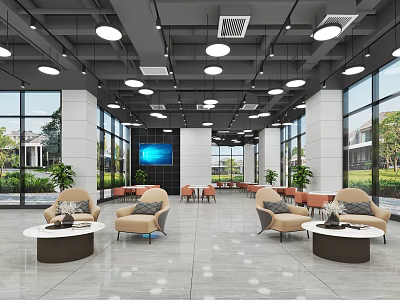 Bright Modern Reception Area With Beige Sofa Chairs Coffee Tables Green Plants And Large Screen 3d model