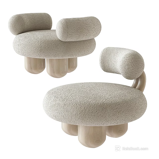 Light Beige Single Seater Sofa with Rounded Armrests Soft Fabric and Wooden Legs 3d model 