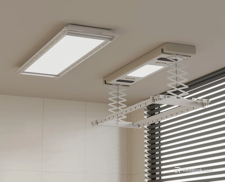 Modern Ceiling Retractable Clothes Drying Rack With LED Light Fixture And Spring Design 3d model