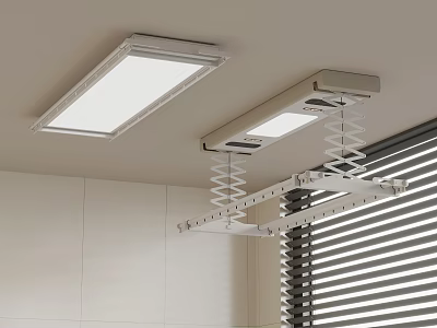 Modern Ceiling Retractable Clothes Drying Rack With LED Light Fixture And Spring Design 3d model