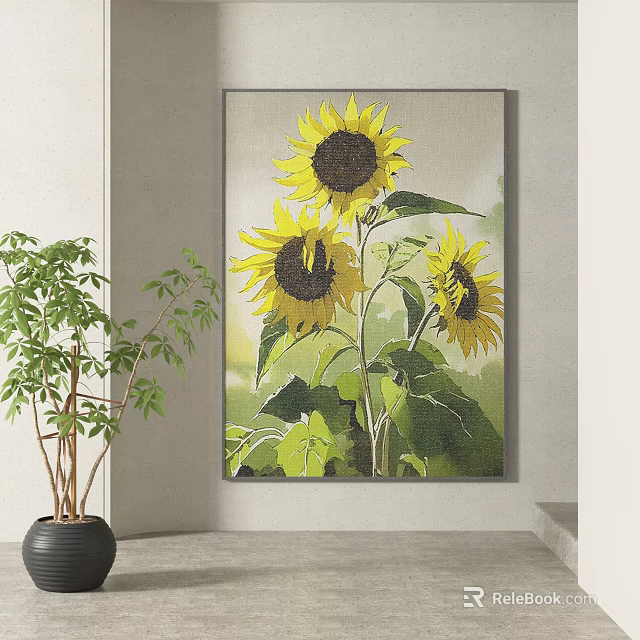 Vibrant Sunflower Plant Painting With Green Leaves Hanging on Wall And Green Plant Beside 3d model 