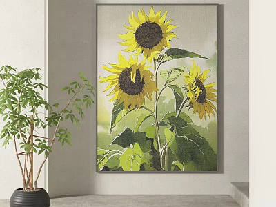 Vibrant Sunflower Plant Painting With Green Leaves Hanging on Wall And Green Plant Beside 3d model