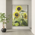 Vibrant Sunflower Plant Painting With Green Leaves Hanging on Wall And Green Plant Beside