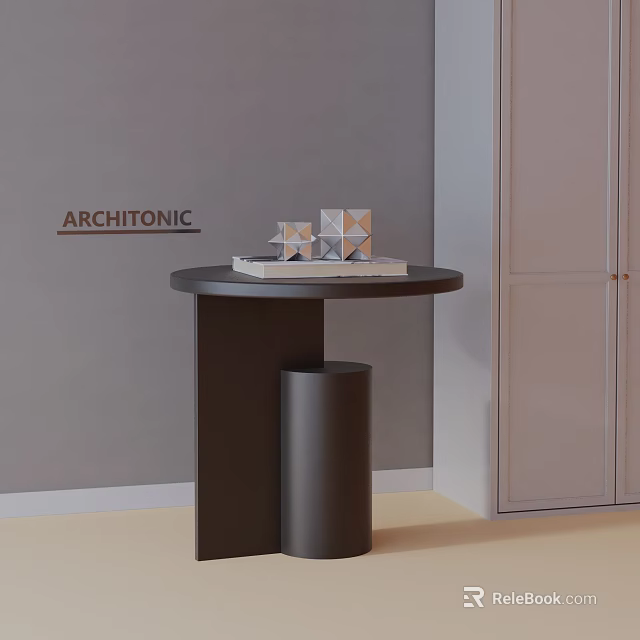 Modern Black Side Table Featuring Round Top Cylindrical Base And Decorative Items On Neutral Background 3d model