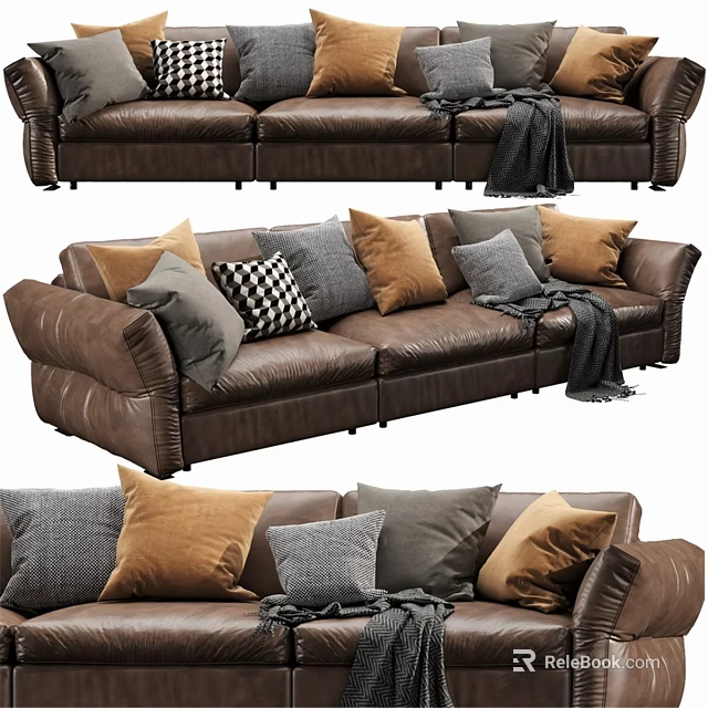 Modern Brown Leather Two-Seater Sofa With Plush Pillows And Cozy Blanket 3d model 