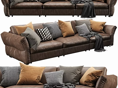 Modern Brown Leather Two-Seater Sofa With Plush Pillows And Cozy Blanket 3d model