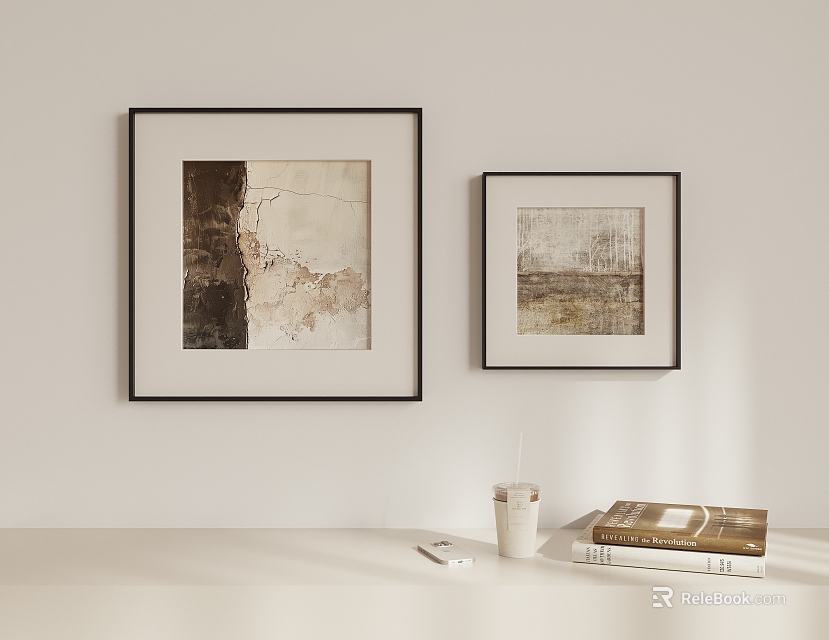 Minimalist Interior With Two Black Framed Abstract Paintings Brown Beige Light Table Books Cup Phone 3d model 